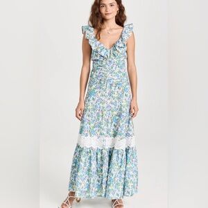 By Timo Maxi Dress Floral Ruffle Neckline Crochet Trim Ruched Bodice SZ XL EUC